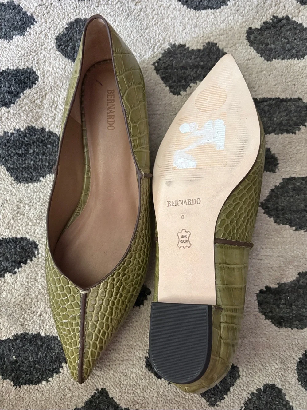 Bernardo Olive Croc-Embossed Pointed Toe Flats